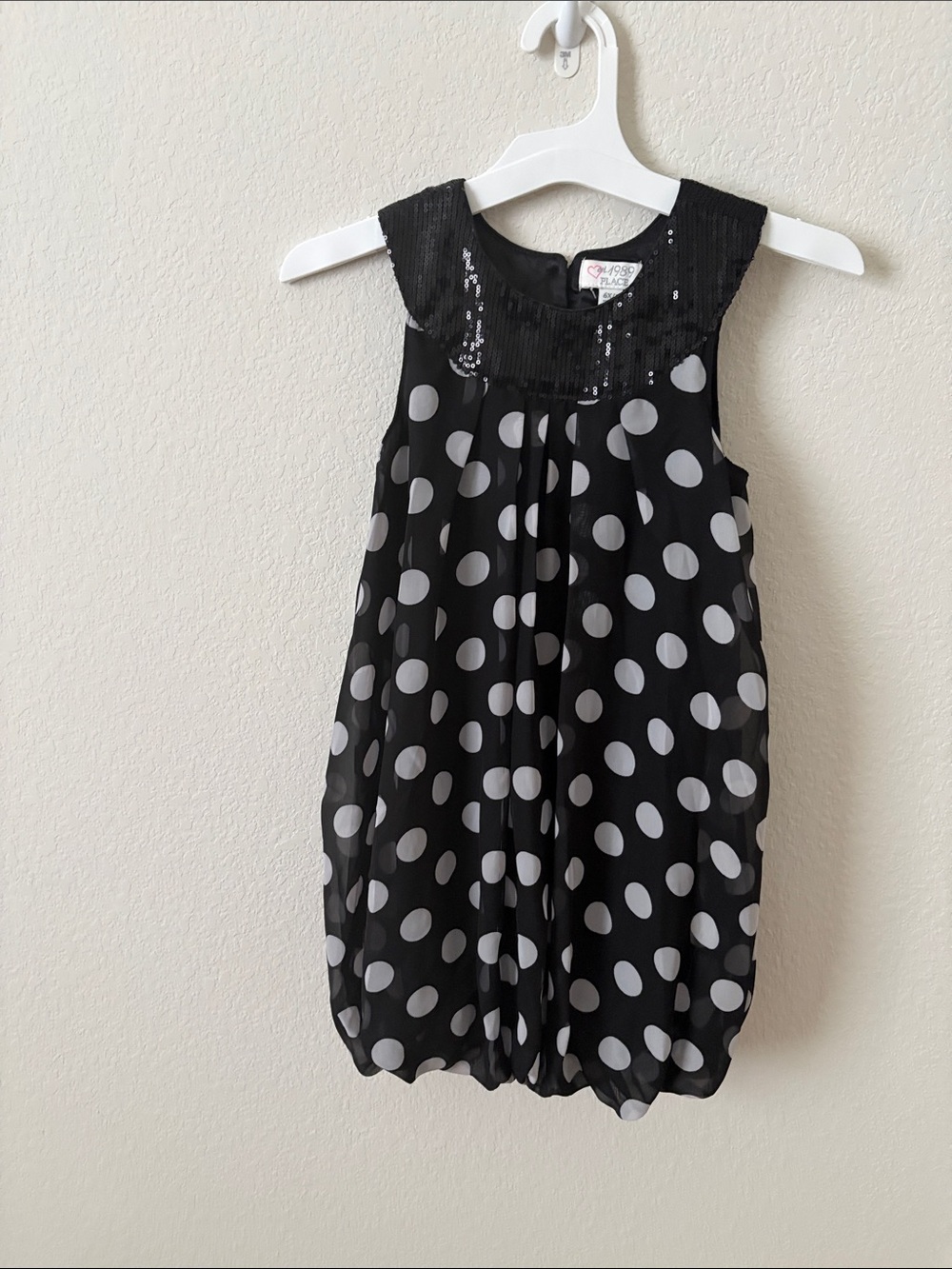 Girls Black Polka Dot Sequin Yoke Bubble Dress